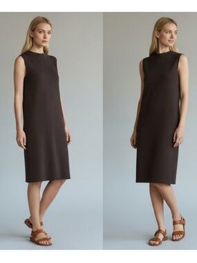 Eileen Fisher The Icon Black Funnel Neck Wool Crepe Sleeveless Dress LP NWT
